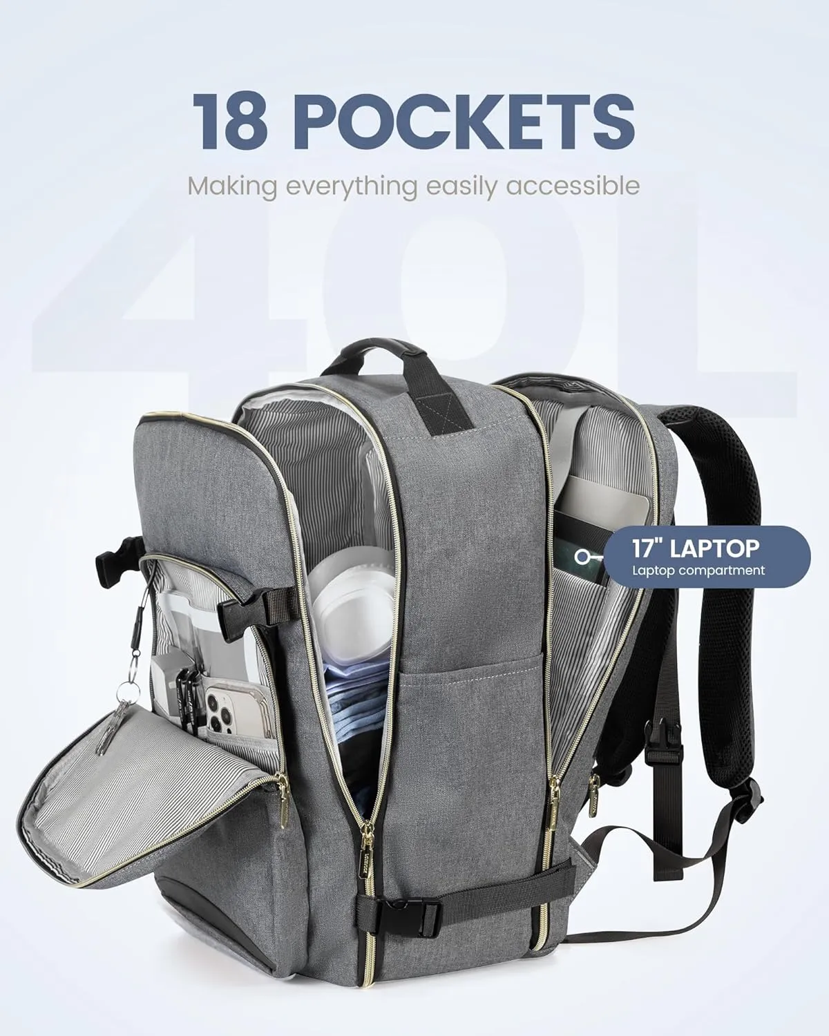 LOVEVOOK Travel Backpack for Women Men as Personal Item Flight Approved, 40L Luggage Carry On Backpack, 17.3inch Large Daypack Laptop Backpack Waterproof Outdoor Sports with 3 Packing Cubes,Gray-Black
