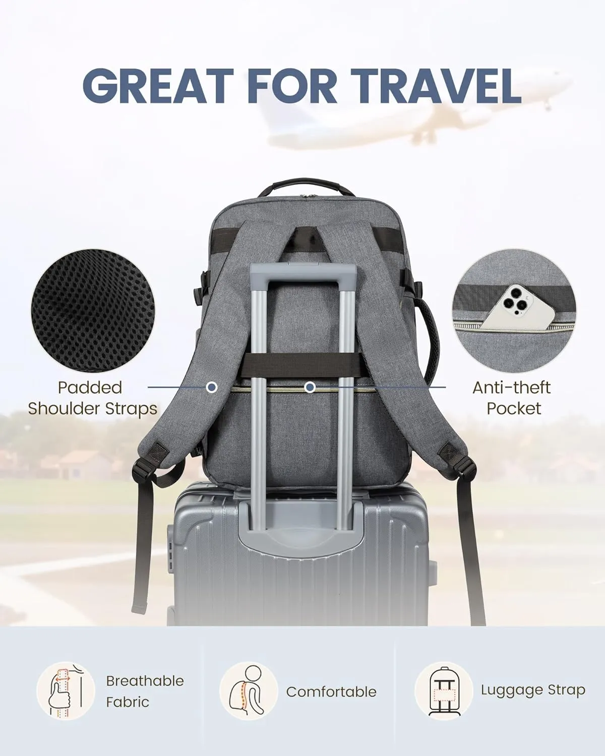 LOVEVOOK Travel Backpack for Women Men as Personal Item Flight Approved, 40L Luggage Carry On Backpack, 17.3inch Large Daypack Laptop Backpack Waterproof Outdoor Sports with 3 Packing Cubes,Gray-Black