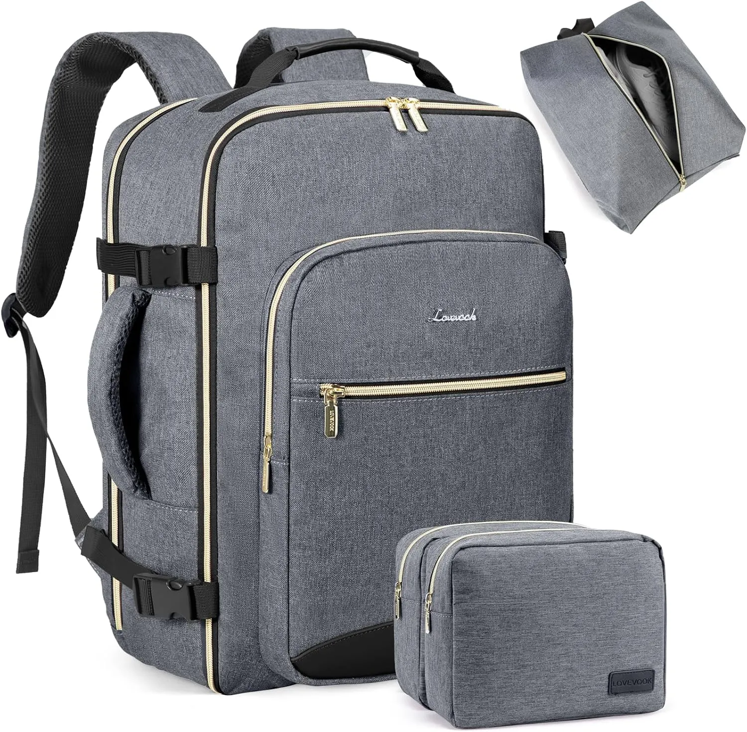 LOVEVOOK Travel Backpack for Women Men as Personal Item Flight Approved, 40L Luggage Carry On Backpack, 17.3inch Large Daypack Laptop Backpack Waterproof Outdoor Sports with 3 Packing Cubes,Gray-Black