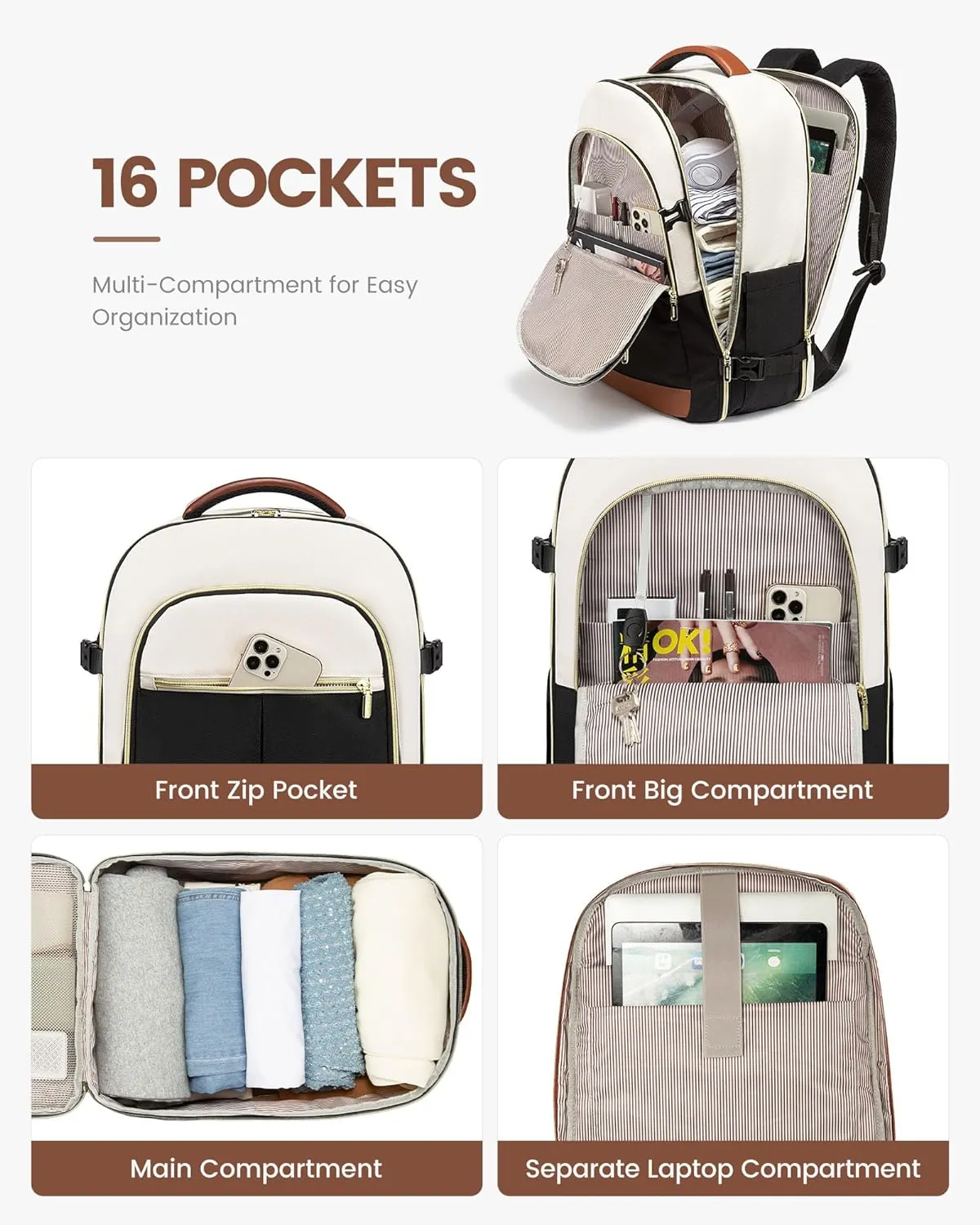 LOVEVOOK Travel Backpack for Women, TSA Carry On Flight Approved, Personal Item Travel Bag, Fits 15.6 Inch Laptop, Large Water-Resistant Backpack for Travel Work Weekender with 2 Packing Cubes