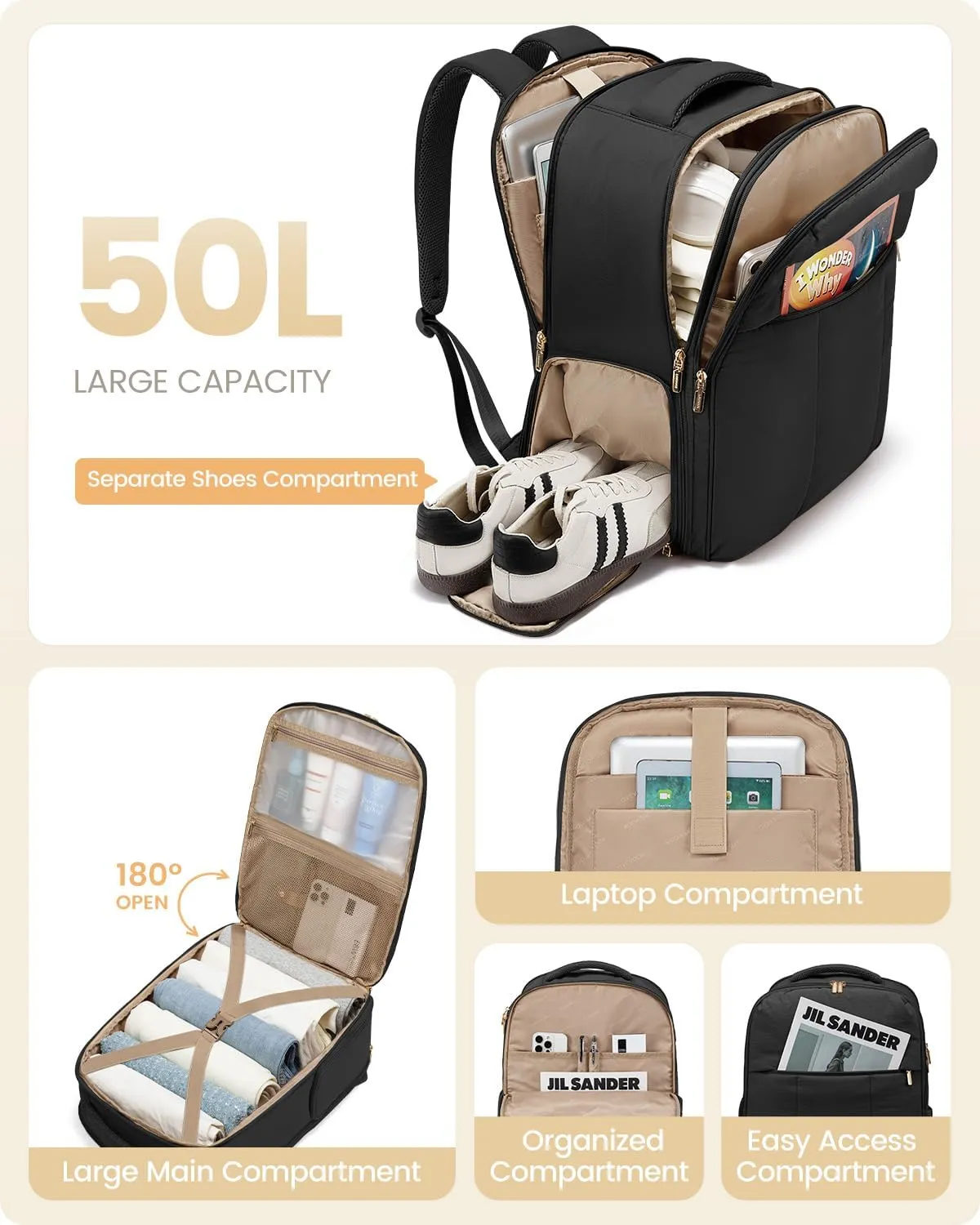 LOVEVOOK Travel Backpack for Women with Shoe Compartment, Puffer Carry on Backpack Flight Approved 50L Personal Item Travel Bag Fits 18inch Laptop, Waterproof Lightweight Bags with 3 Packing Cubes