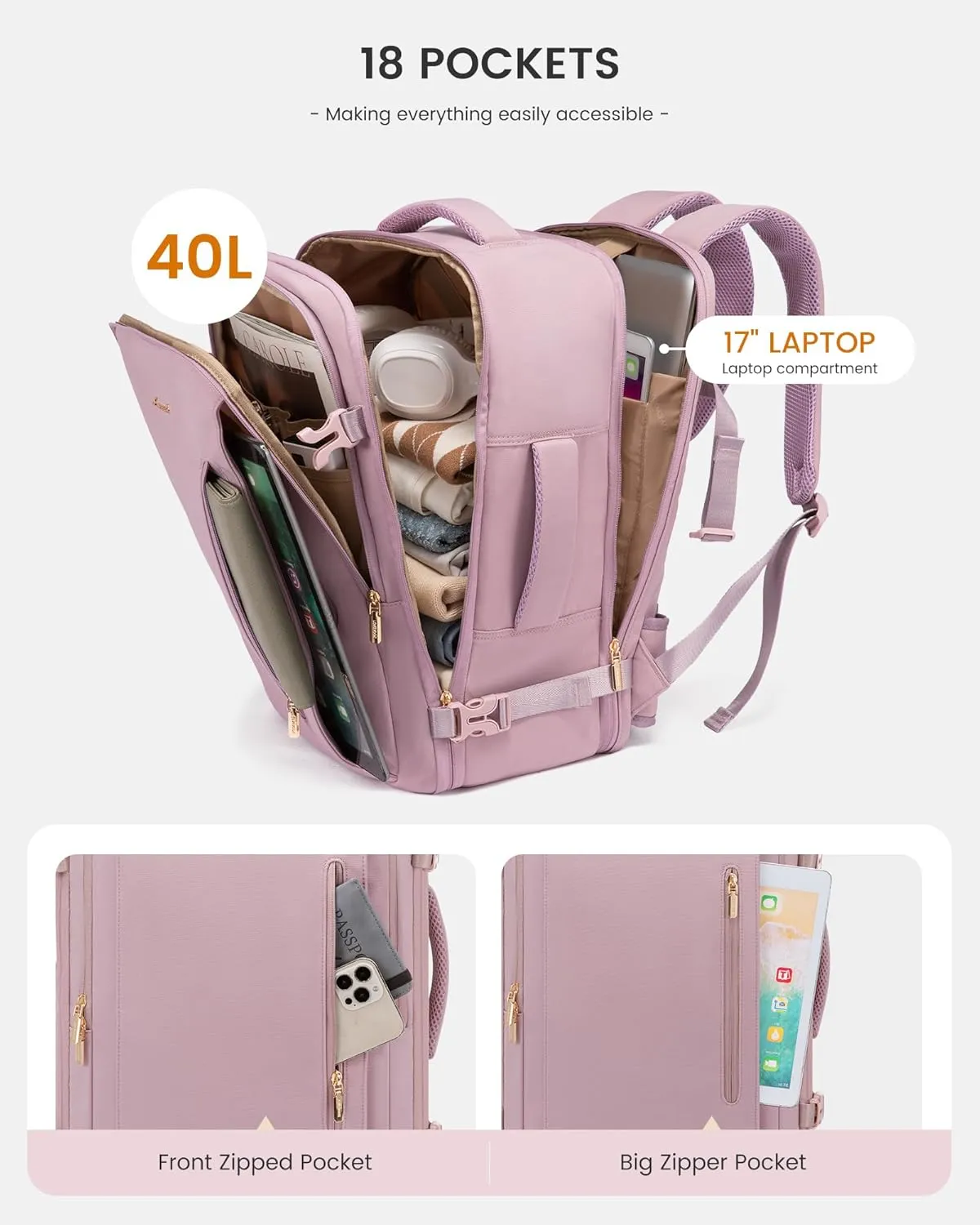 LOVEVOOK Travel Backpack For Women with Waist Strap, 40L Carry On Backpack Luggage Flight Approved,TSA Personal ltem Travel Bag Essentials Fits 17.3 Inch Laptop,Weekender Daypack with 3 Packing Cubes