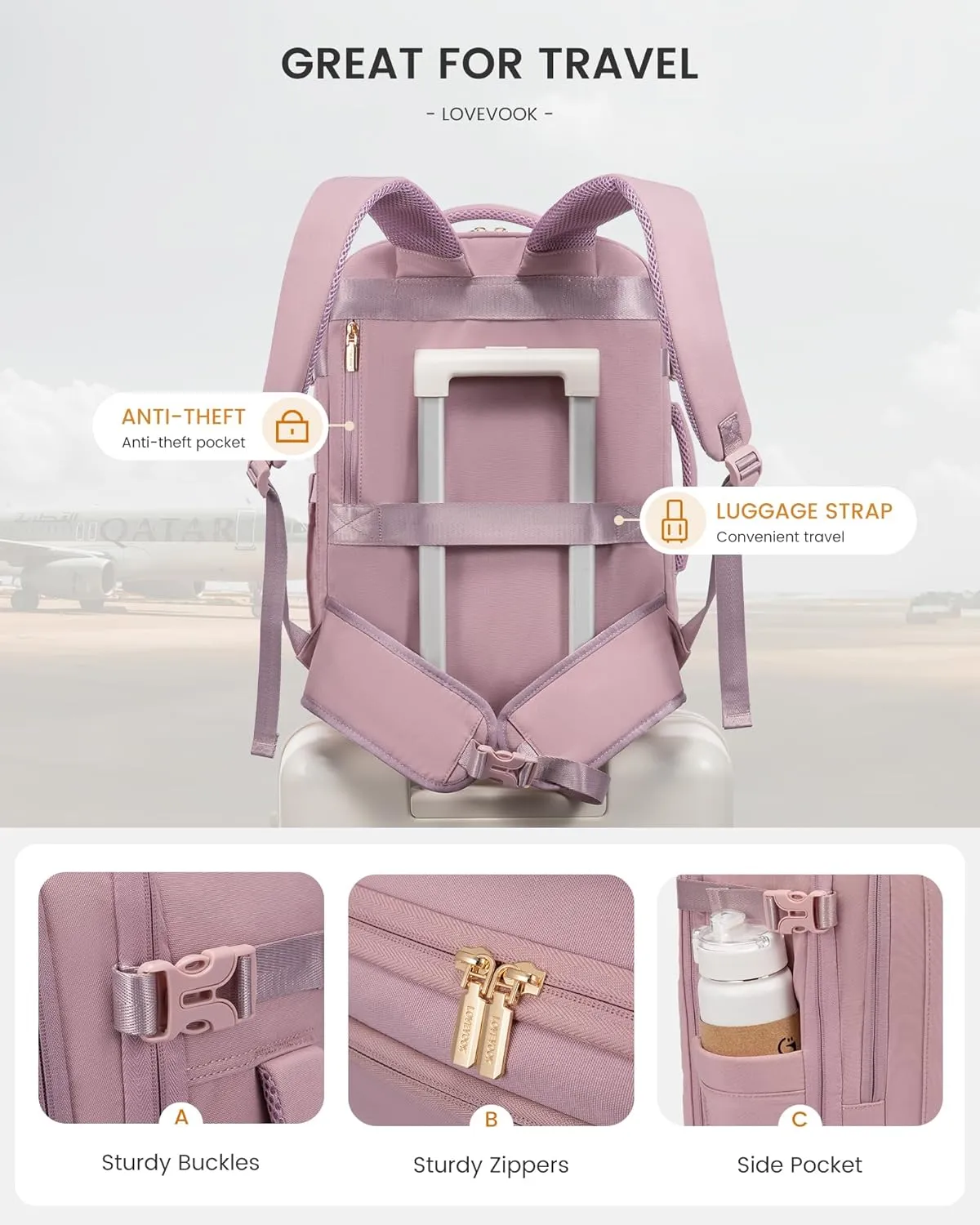 LOVEVOOK Travel Backpack For Women with Waist Strap, 40L Carry On Backpack Luggage Flight Approved,TSA Personal ltem Travel Bag Essentials Fits 17.3 Inch Laptop,Weekender Daypack with 3 Packing Cubes
