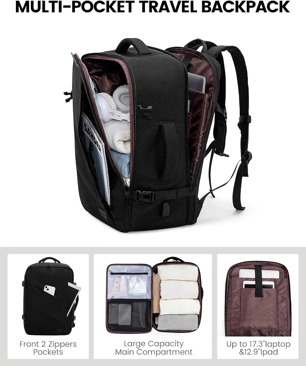 LOVEVOOK Travel Carry on Backpack, Large 40L Personal Item Travel Bag for Men & Women Flight Approved with 3 Packing Cubes, Suitcase Water Resistant Luggage Daypack Business Weekender Bag, Black