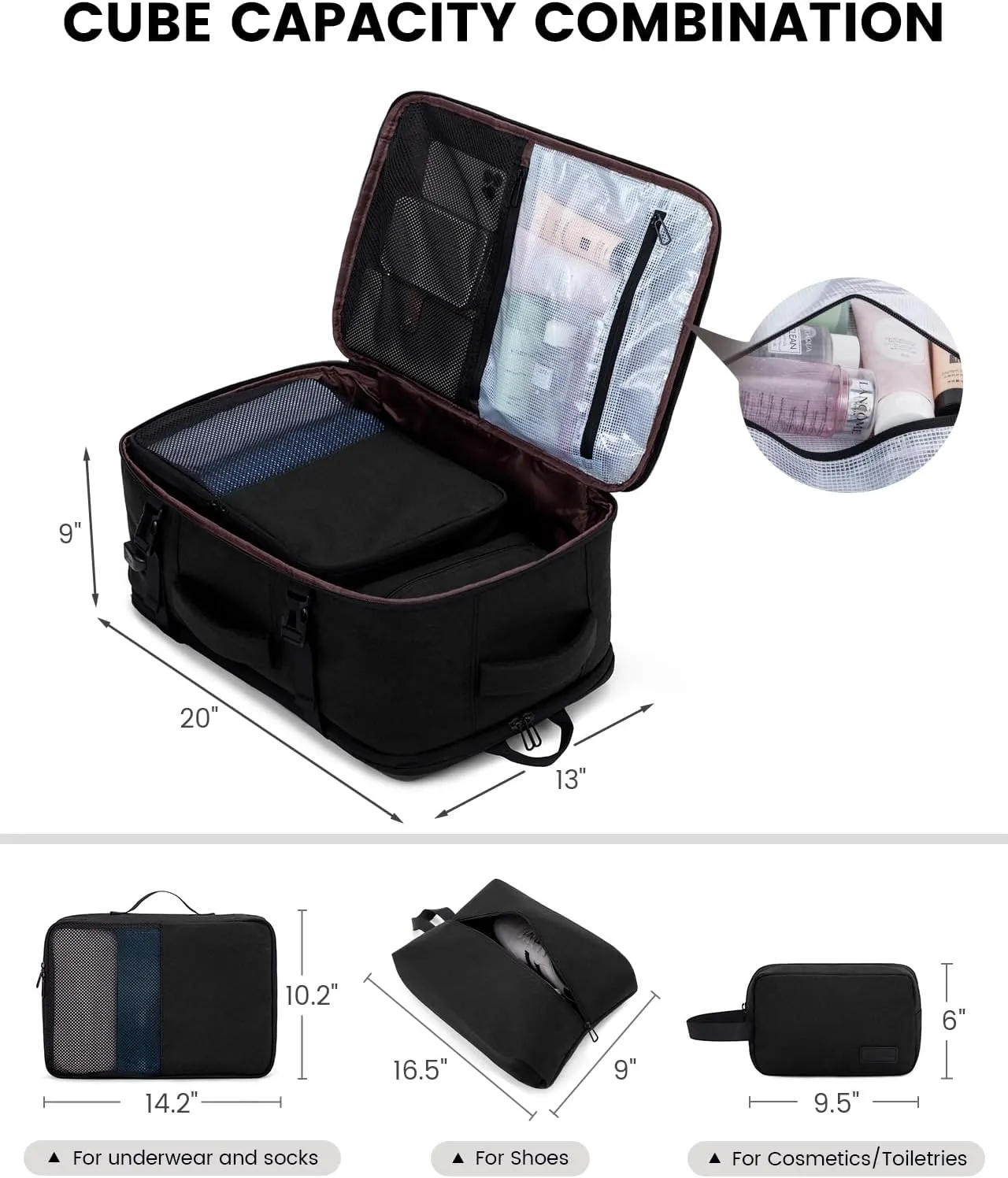 LOVEVOOK Travel Carry on Backpack, Large 40L Personal Item Travel Bag for Men & Women Flight Approved with 3 Packing Cubes, Suitcase Water Resistant Luggage Daypack Business Weekender Bag, Black