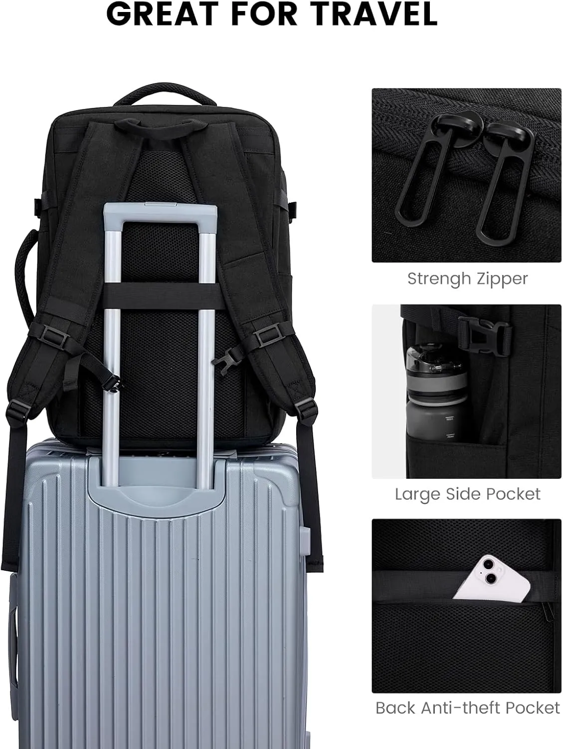 LOVEVOOK Travel Carry on Backpack, Large 40L Personal Item Travel Bag for Men & Women Flight Approved with 3 Packing Cubes, Suitcase Water Resistant Luggage Daypack Business Weekender Bag, Black