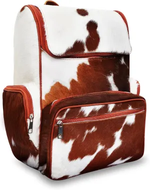 LP-FACON Western Cowhide Leather Diaper Backpack | Cow Print Cute Shower Gifts For Mom | Large Travel Bag Brown & White