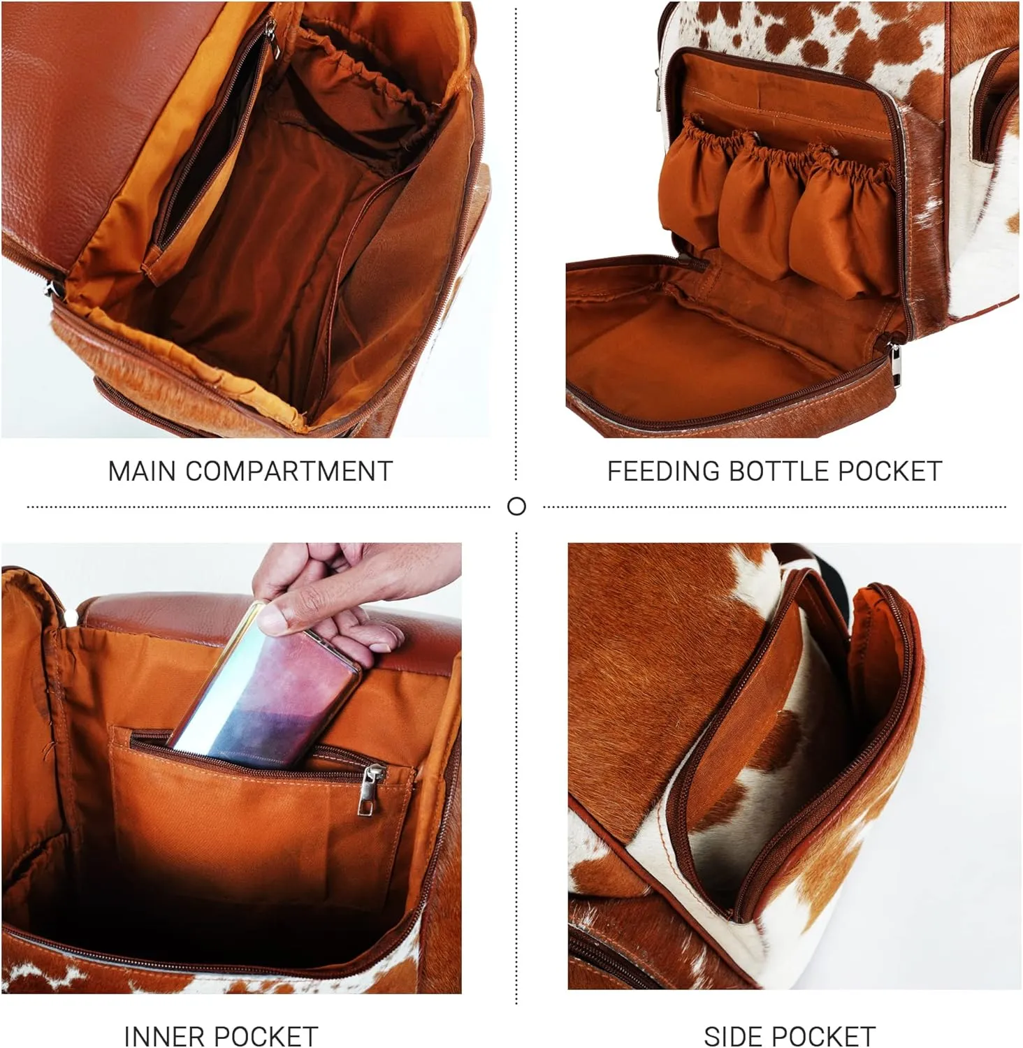 LP-FACON Western Cowhide Leather Diaper Backpack | Cow Print Cute Shower Gifts For Mom | Large Travel Bag Brown & White