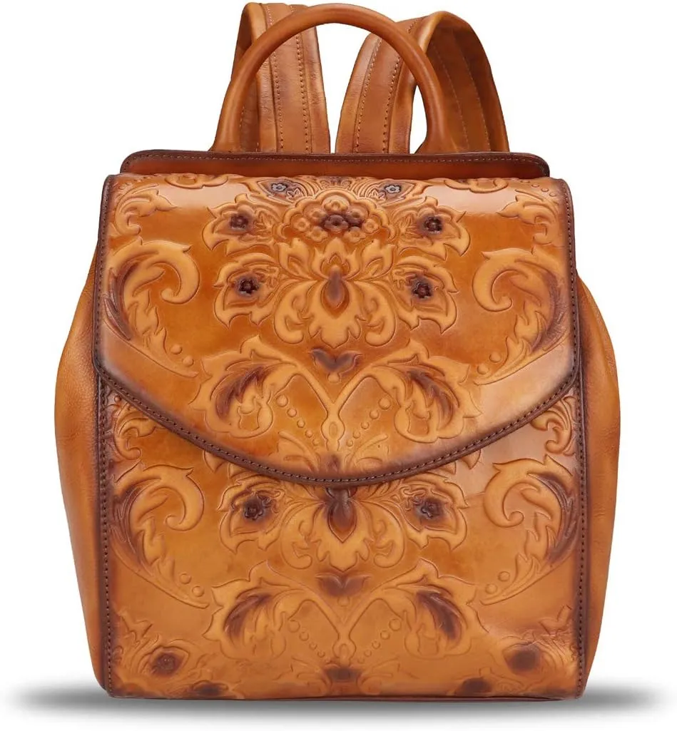 LRTO Genuine Leather Fashion Backpack for Women Vintage Embossed Real Leather Knapsack Purse Rucksack Daypack Bag
