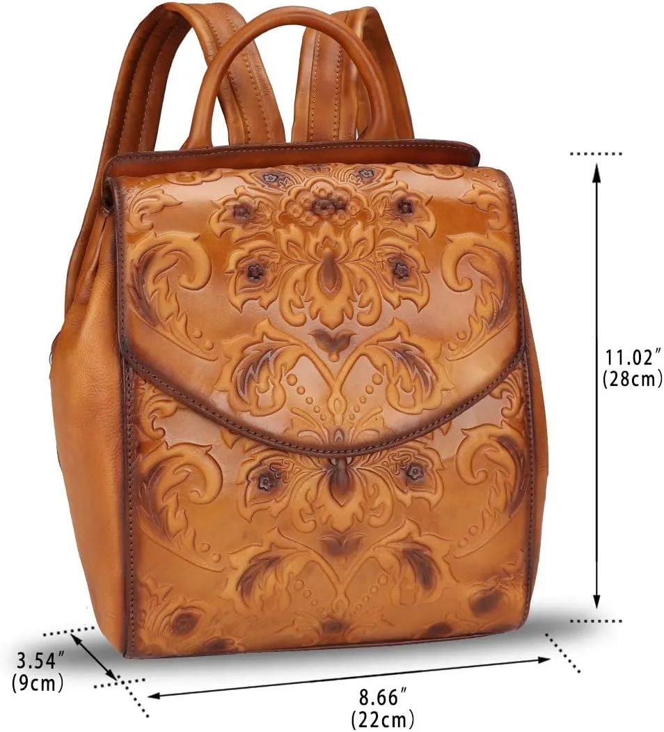 LRTO Genuine Leather Fashion Backpack for Women Vintage Embossed Real Leather Knapsack Purse Rucksack Daypack Bag