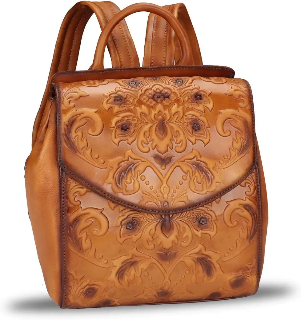 LRTO Genuine Leather Fashion Backpack for Women Vintage Embossed Real Leather Knapsack Purse Rucksack Daypack Bag