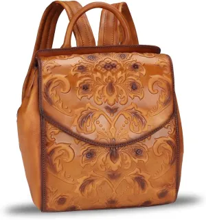 LRTO Genuine Leather Fashion Backpack for Women Vintage Embossed Real Leather Knapsack Purse Rucksack Daypack Bag