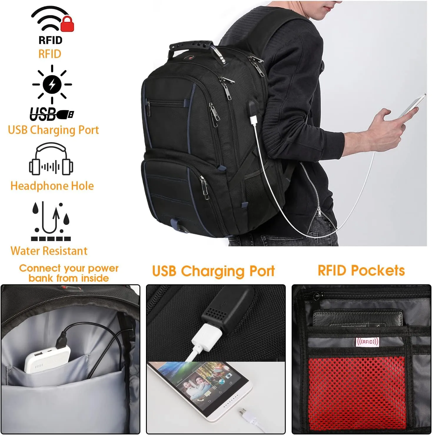LTINVECK Extra Large 50L Travel Laptop Backpack, Blue, Unisex, Backpack with USB Charging Port, TSA Friendly, Durable, Heavy Duty, 17 Inch Laptop