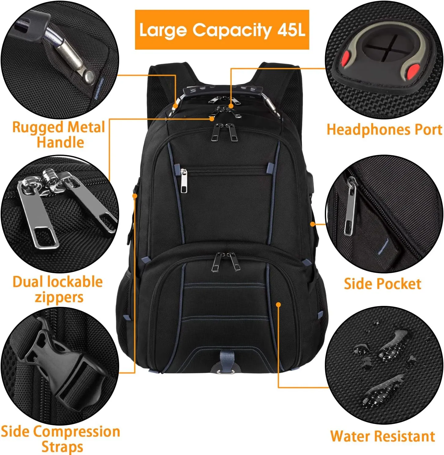 LTINVECK Extra Large 50L Travel Laptop Backpack, Blue, Unisex, Backpack with USB Charging Port, TSA Friendly, Durable, Heavy Duty, 17 Inch Laptop