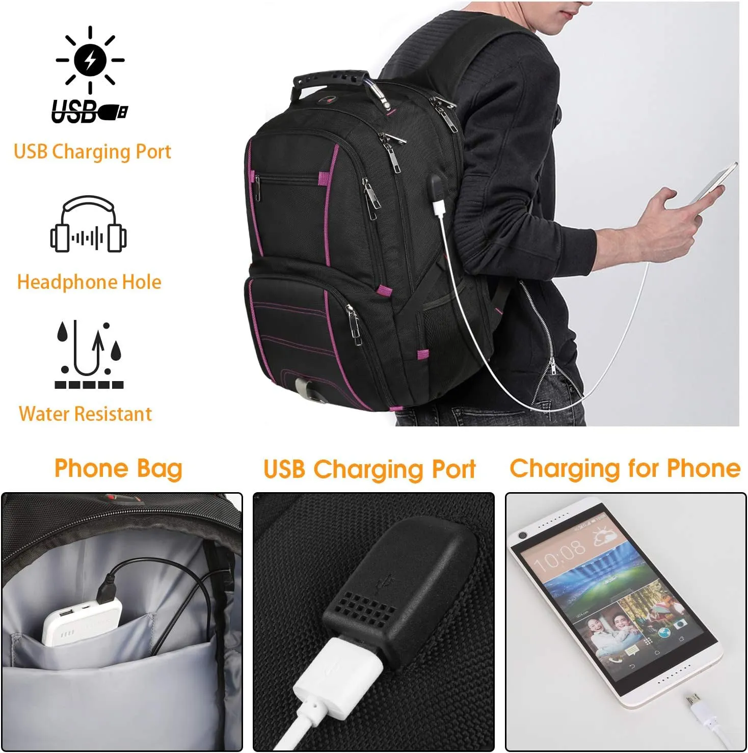 LTINVECK Extra Large Backpack,TSA Friendly Travel Laptop Computer Backpack for Men Women with USB Charging Port,RFID Water Resistant Big Business Backbag Fits 17.3 Inch Laptops,Purple