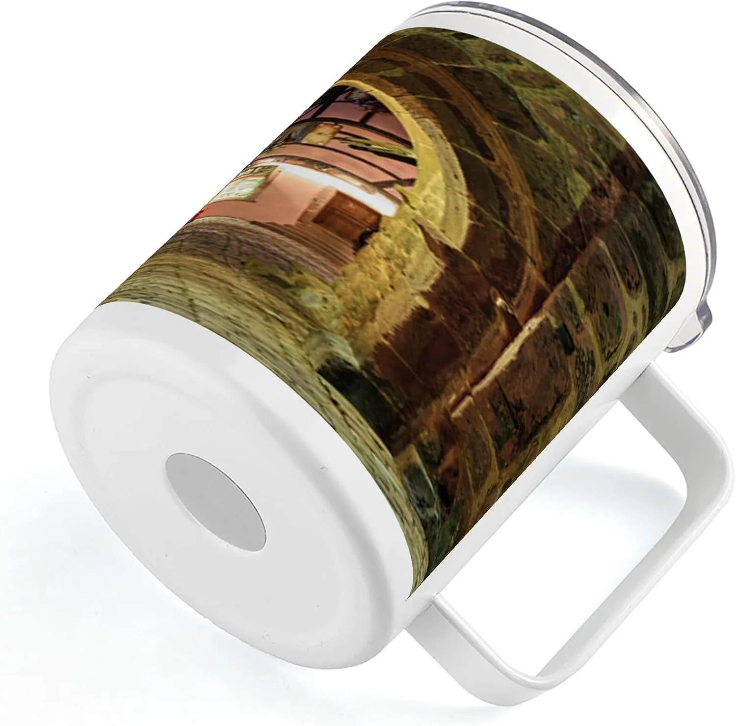 Lunarable Cityscape 10 Oz Steel Mug, Riquewihr Alsace View France Through City Wall at Night Historical Town Picture, Vacuum Insulated Leak-resistant Cup for Outdoor Hiking and Picnics, Brown