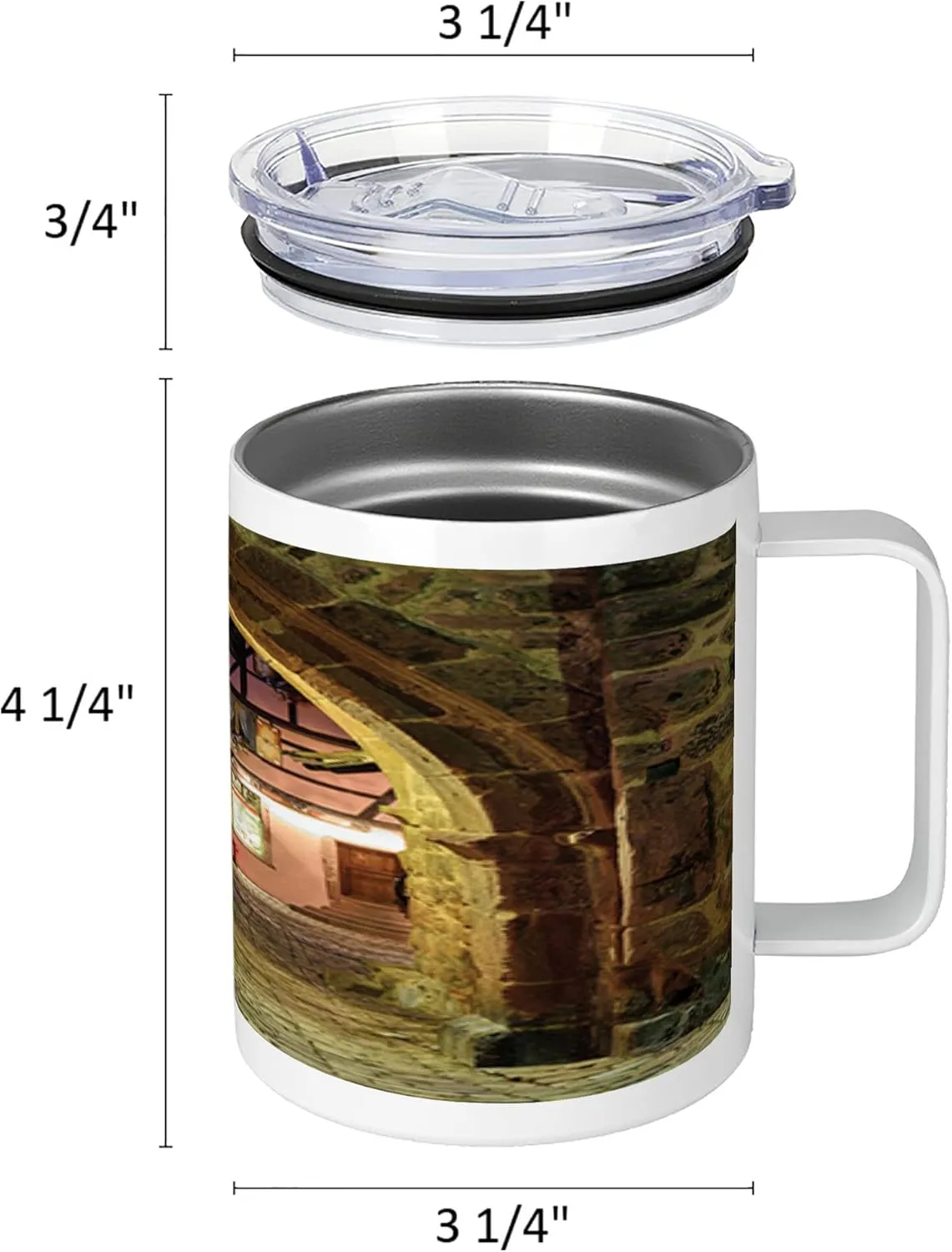 Lunarable Cityscape 10 Oz Steel Mug, Riquewihr Alsace View France Through City Wall at Night Historical Town Picture, Vacuum Insulated Leak-resistant Cup for Outdoor Hiking and Picnics, Brown