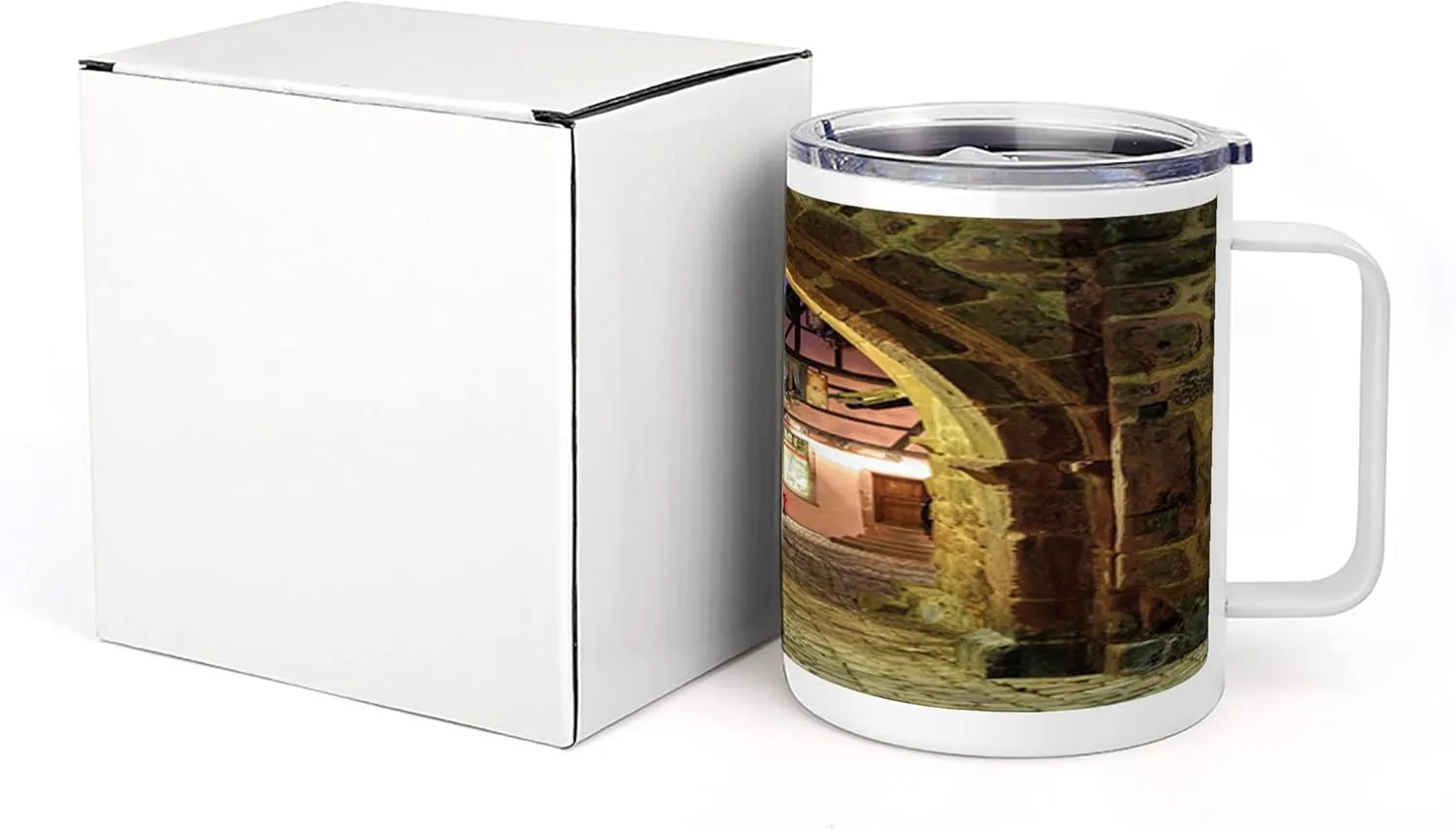 Lunarable Cityscape 10 Oz Steel Mug, Riquewihr Alsace View France Through City Wall at Night Historical Town Picture, Vacuum Insulated Leak-resistant Cup for Outdoor Hiking and Picnics, Brown