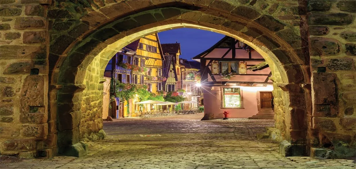 Lunarable Cityscape 10 Oz Steel Mug, Riquewihr Alsace View France Through City Wall at Night Historical Town Picture, Vacuum Insulated Leak-resistant Cup for Outdoor Hiking and Picnics, Brown