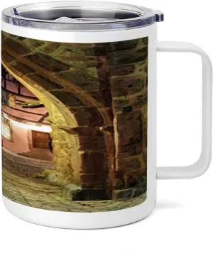 Lunarable Cityscape 10 Oz Steel Mug, Riquewihr Alsace View France Through City Wall at Night Historical Town Picture, Vacuum Insulated Leak-resistant Cup for Outdoor Hiking and Picnics, Brown