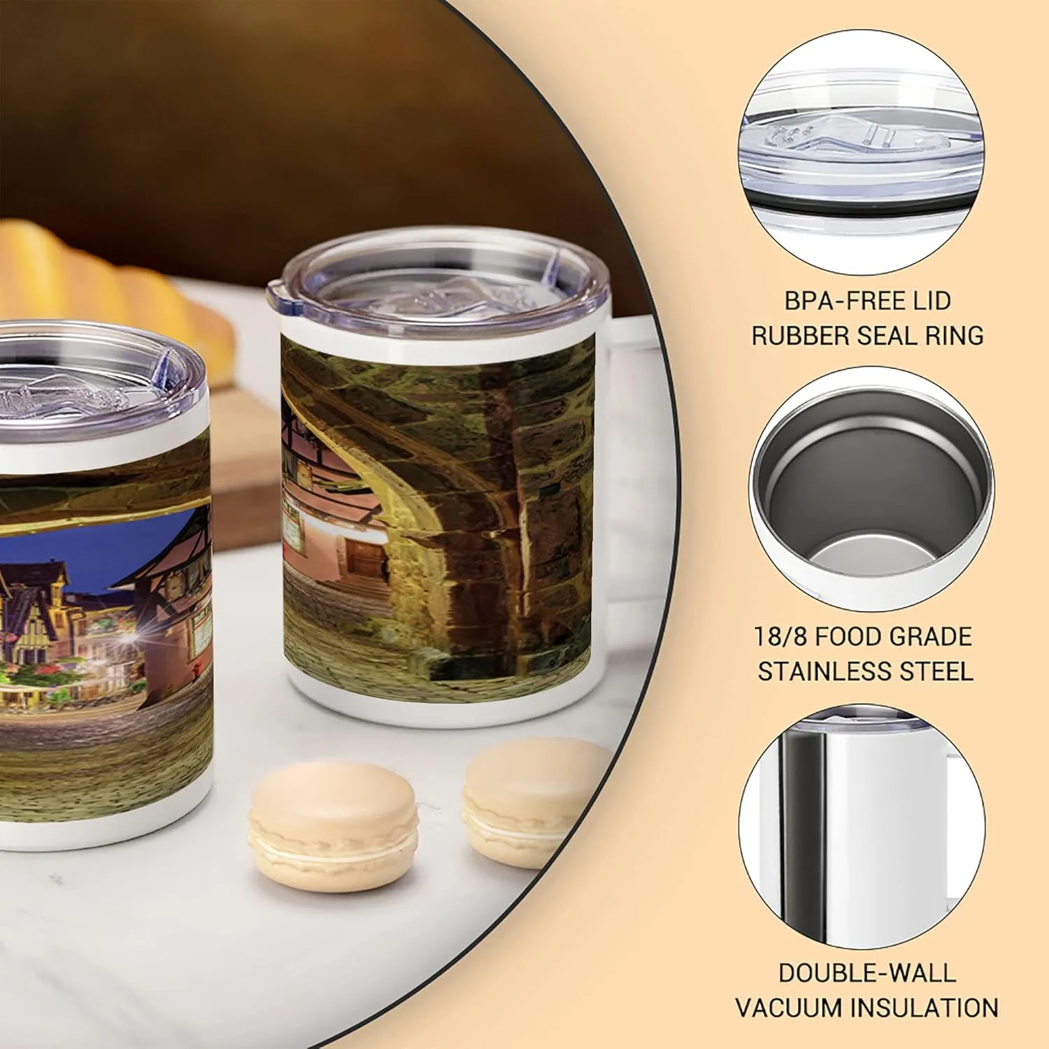 Lunarable Cityscape 10 Oz Steel Mug, Riquewihr Alsace View France Through City Wall at Night Historical Town Picture, Vacuum Insulated Leak-resistant Cup for Outdoor Hiking and Picnics, Brown