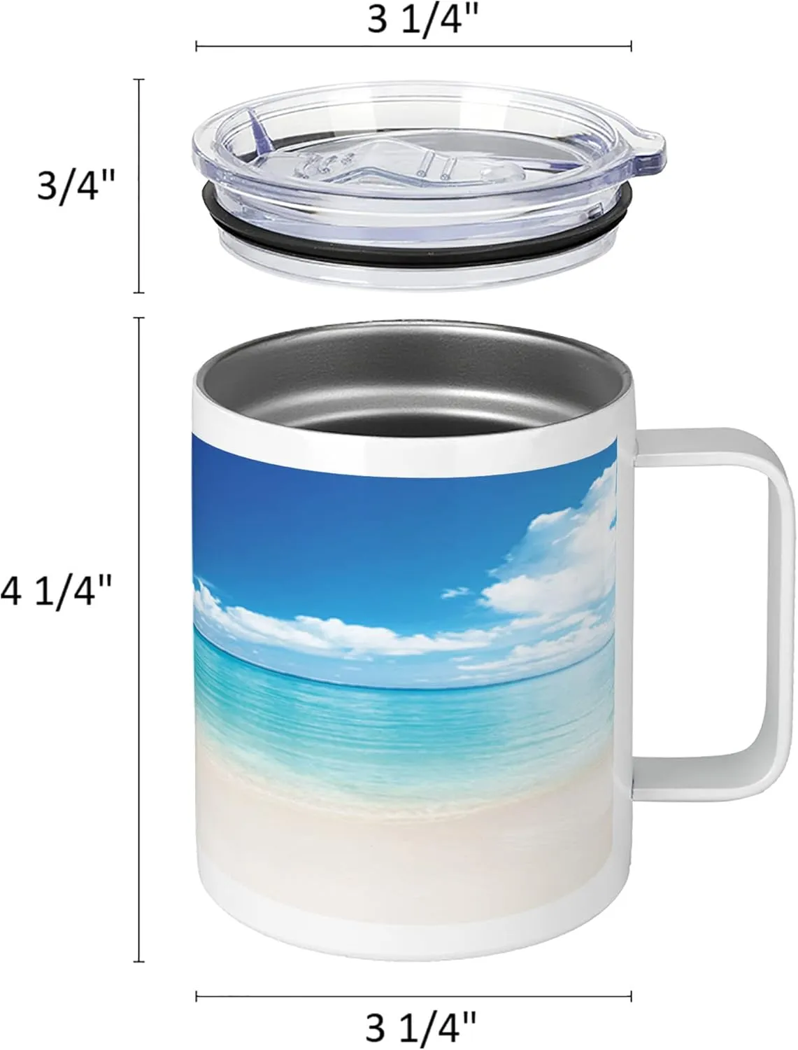Lunarable Ocean 10 Oz Steel Mug, Natural Coastal Sandy Beach and Carribean Seashore Heavenly Paradise View Image, Vacuum Insulated Leak-resistant Cup for Outdoor Hiking and Picnics, Blue Aqua White