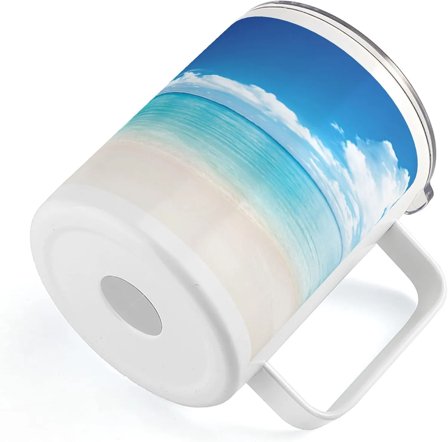 Lunarable Ocean 10 Oz Steel Mug, Natural Coastal Sandy Beach and Carribean Seashore Heavenly Paradise View Image, Vacuum Insulated Leak-resistant Cup for Outdoor Hiking and Picnics, Blue Aqua White
