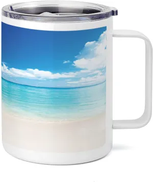Lunarable Ocean 10 Oz Steel Mug, Natural Coastal Sandy Beach and Carribean Seashore Heavenly Paradise View Image, Vacuum Insulated Leak-resistant Cup for Outdoor Hiking and Picnics, Blue Aqua White
