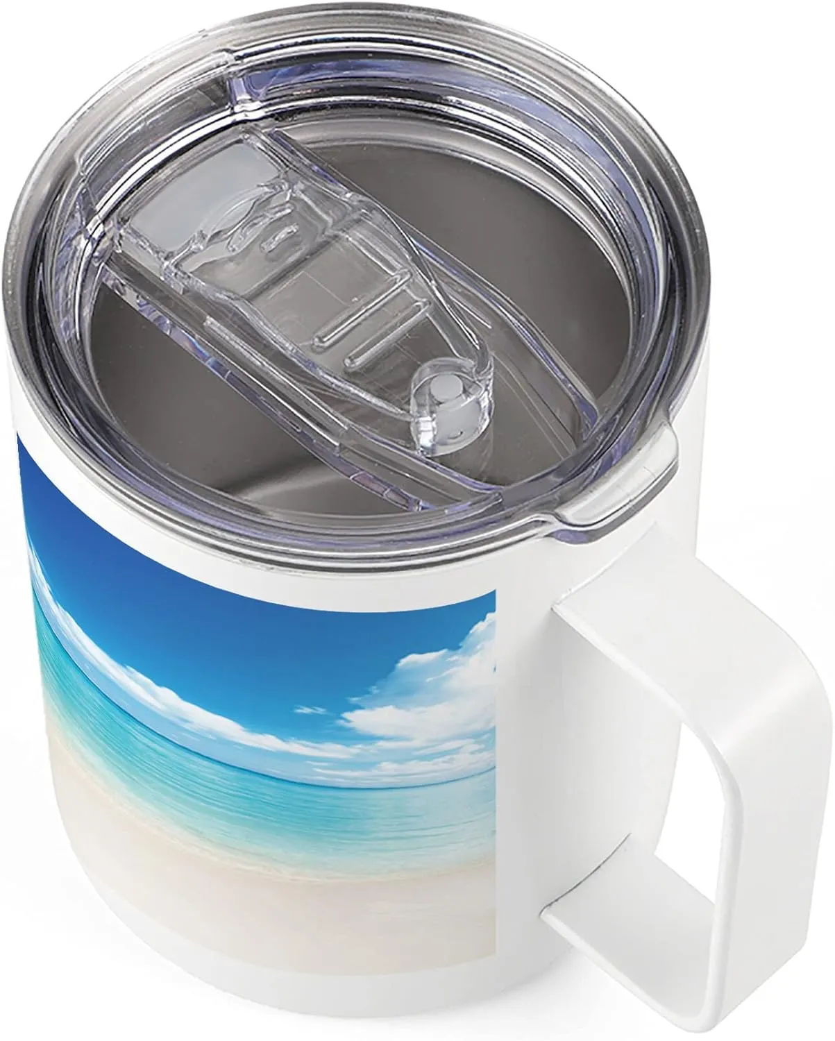 Lunarable Ocean 10 Oz Steel Mug, Natural Coastal Sandy Beach and Carribean Seashore Heavenly Paradise View Image, Vacuum Insulated Leak-resistant Cup for Outdoor Hiking and Picnics, Blue Aqua White