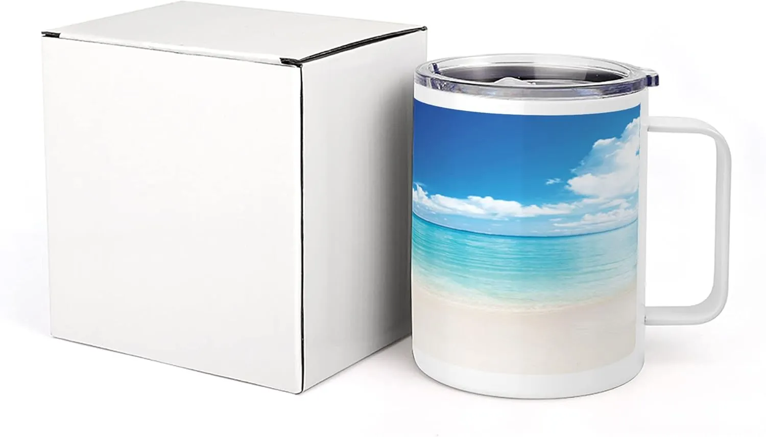 Lunarable Ocean 10 Oz Steel Mug, Natural Coastal Sandy Beach and Carribean Seashore Heavenly Paradise View Image, Vacuum Insulated Leak-resistant Cup for Outdoor Hiking and Picnics, Blue Aqua White