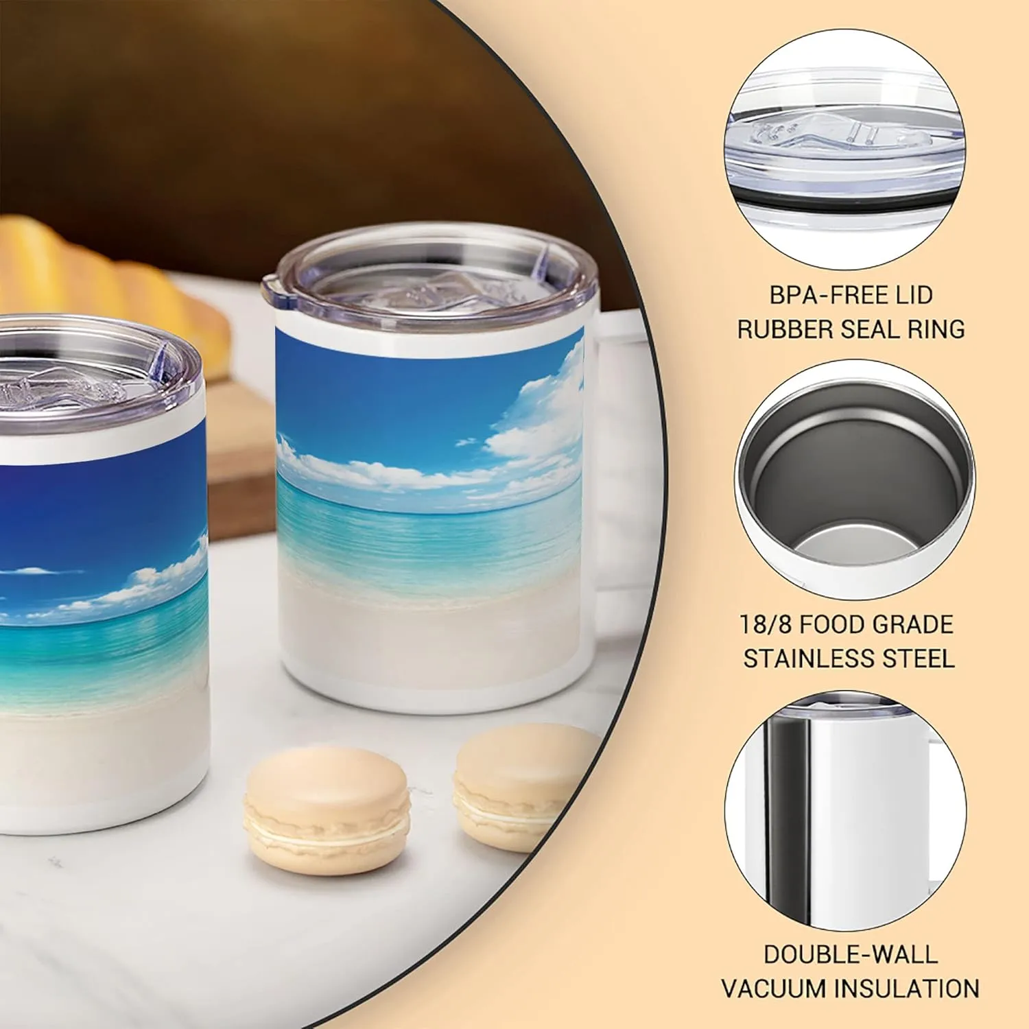 Lunarable Ocean 10 Oz Steel Mug, Natural Coastal Sandy Beach and Carribean Seashore Heavenly Paradise View Image, Vacuum Insulated Leak-resistant Cup for Outdoor Hiking and Picnics, Blue Aqua White