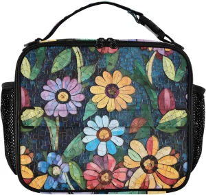 Lunch Bag Colorful Floral Porcelain Large Insulated Cooler Bag with Side Mesh Pockets and Shoulder Strap
