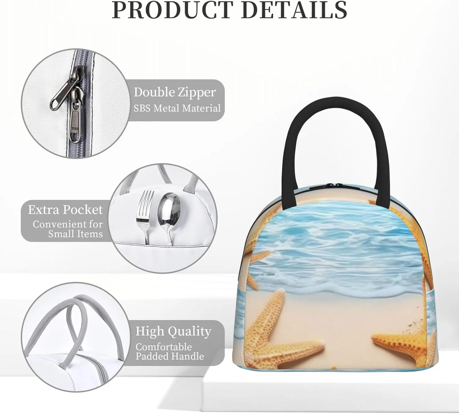 Lunch Bag for Women Men Maritime Summer Starfish Insulated Lunch Box for Adult Reusable Lunch Tote Bag for Work Picnic Travel