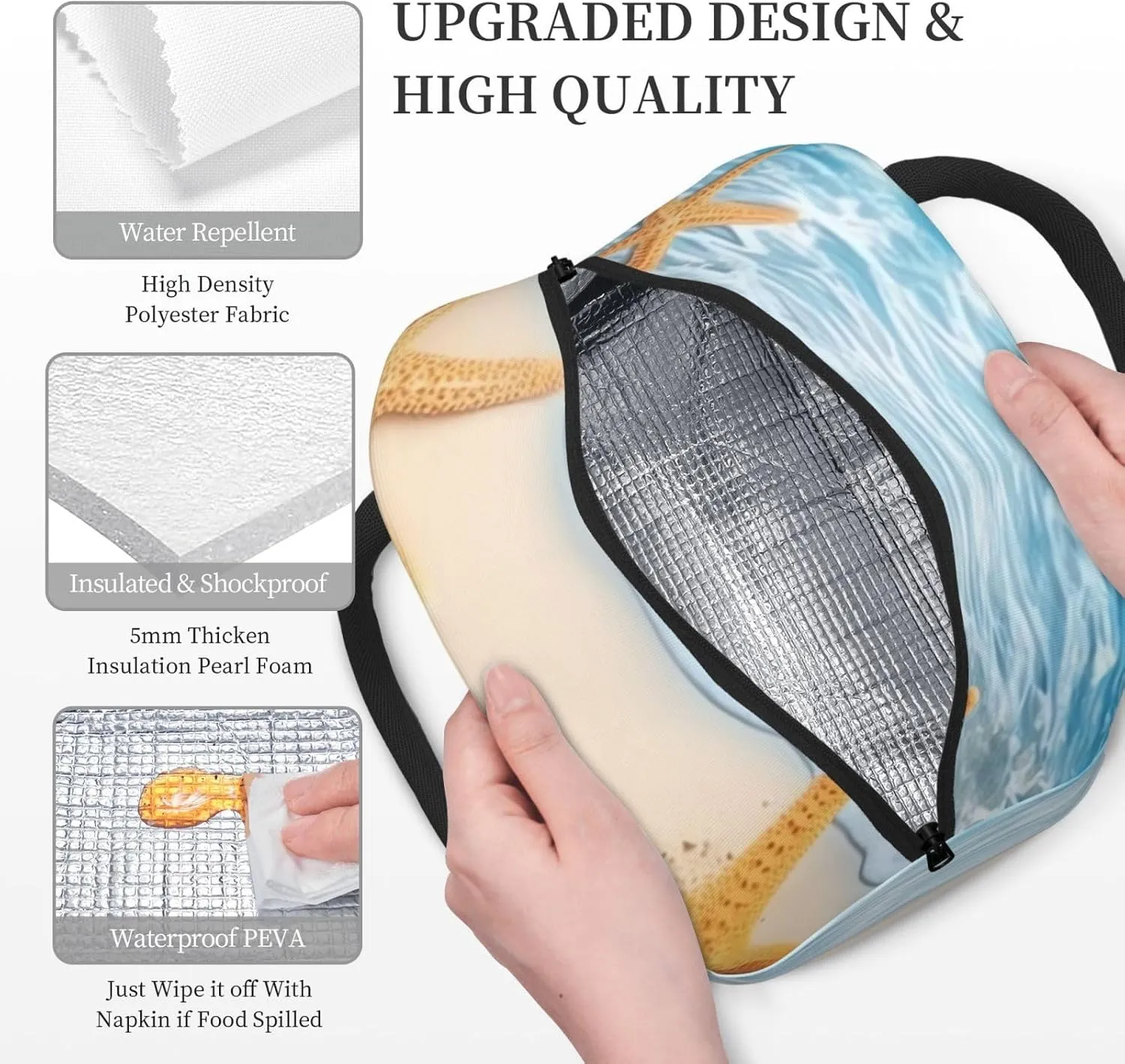 Lunch Bag for Women Men Maritime Summer Starfish Insulated Lunch Box for Adult Reusable Lunch Tote Bag for Work Picnic Travel