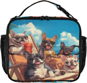 Lunch Bag Lunch Box for Women Men Insulated Cooler Bag Reusable Lunch Box Tote Bag with Strap for Work Picnic French Bulldogs Summer Sky