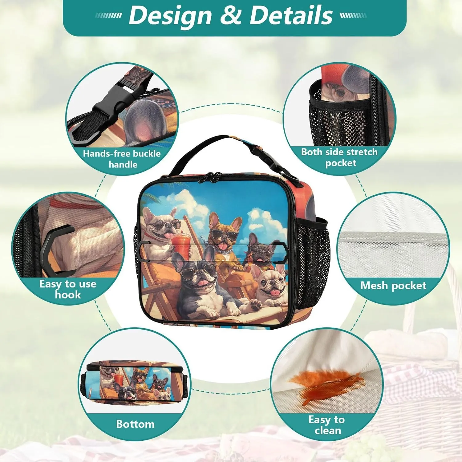 Lunch Bag Lunch Box for Women Men Insulated Cooler Bag Reusable Lunch Box Tote Bag with Strap for Work Picnic French Bulldogs Summer Sky