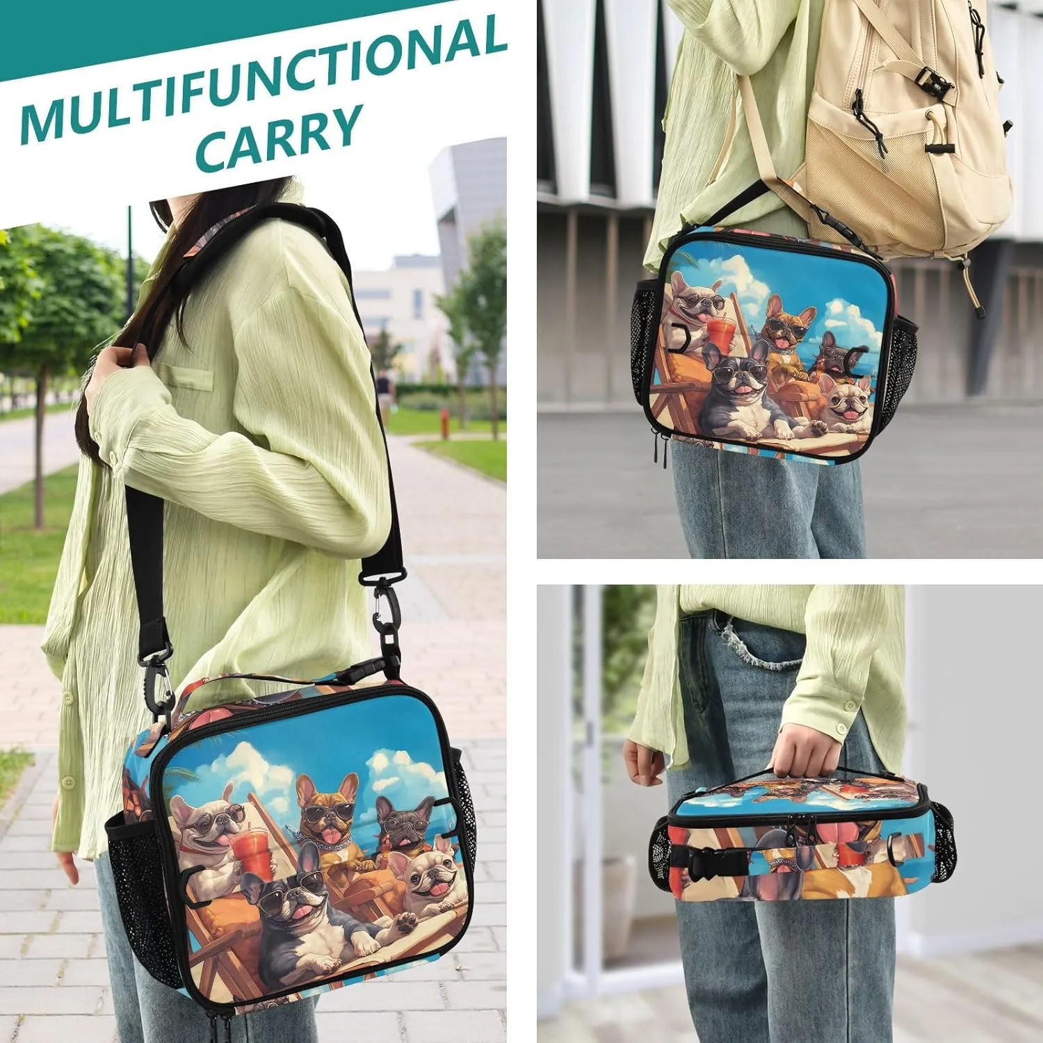 Lunch Bag Lunch Box for Women Men Insulated Cooler Bag Reusable Lunch Box Tote Bag with Strap for Work Picnic French Bulldogs Summer Sky