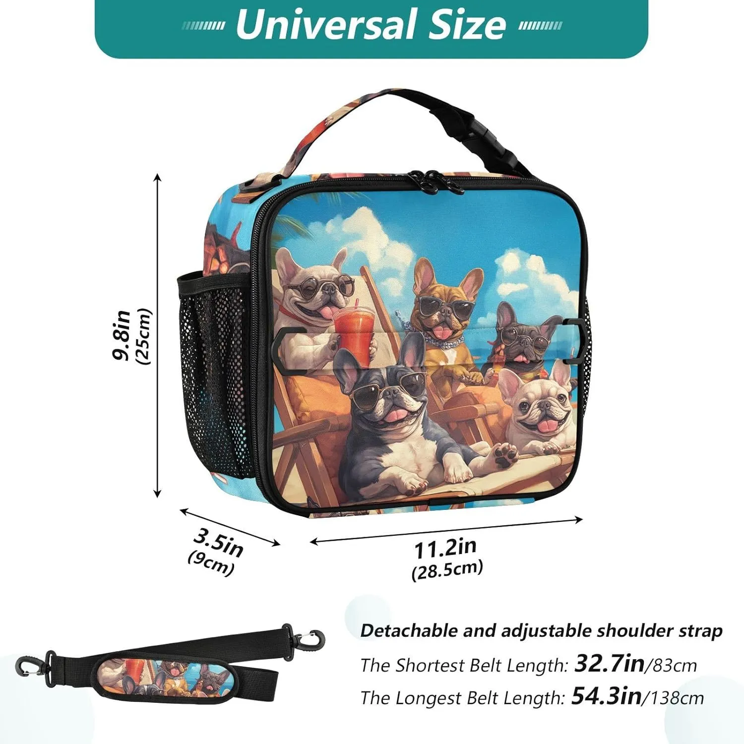 Lunch Bag Lunch Box for Women Men Insulated Cooler Bag Reusable Lunch Box Tote Bag with Strap for Work Picnic French Bulldogs Summer Sky
