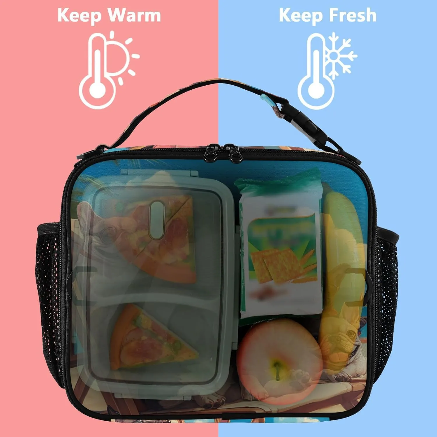 Lunch Bag Lunch Box for Women Men Insulated Cooler Bag Reusable Lunch Box Tote Bag with Strap for Work Picnic French Bulldogs Summer Sky