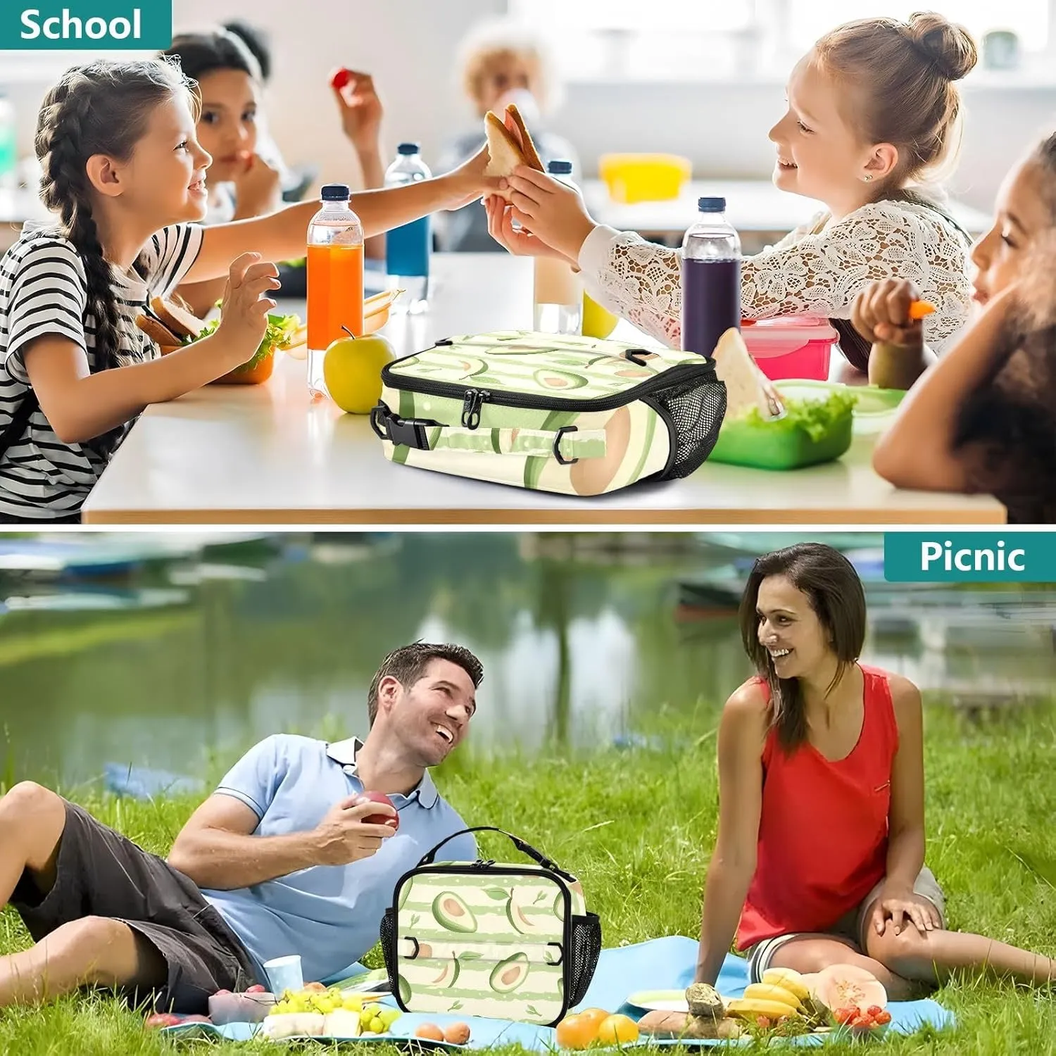 Lunch Bag Lunch Box for Women Men Insulated Cooler Bag Reusable Lunch Box Tote Bag with Strap for Work Picnic Green Avocado and Stripes