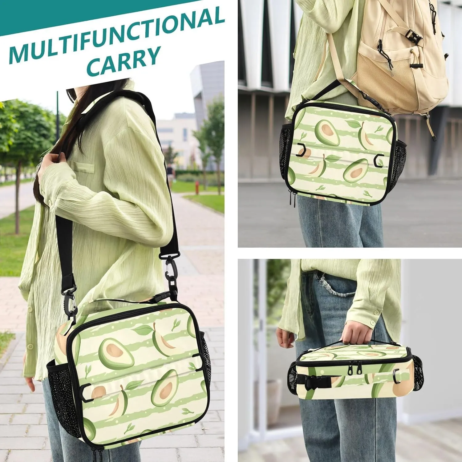 Lunch Bag Lunch Box for Women Men Insulated Cooler Bag Reusable Lunch Box Tote Bag with Strap for Work Picnic Green Avocado and Stripes