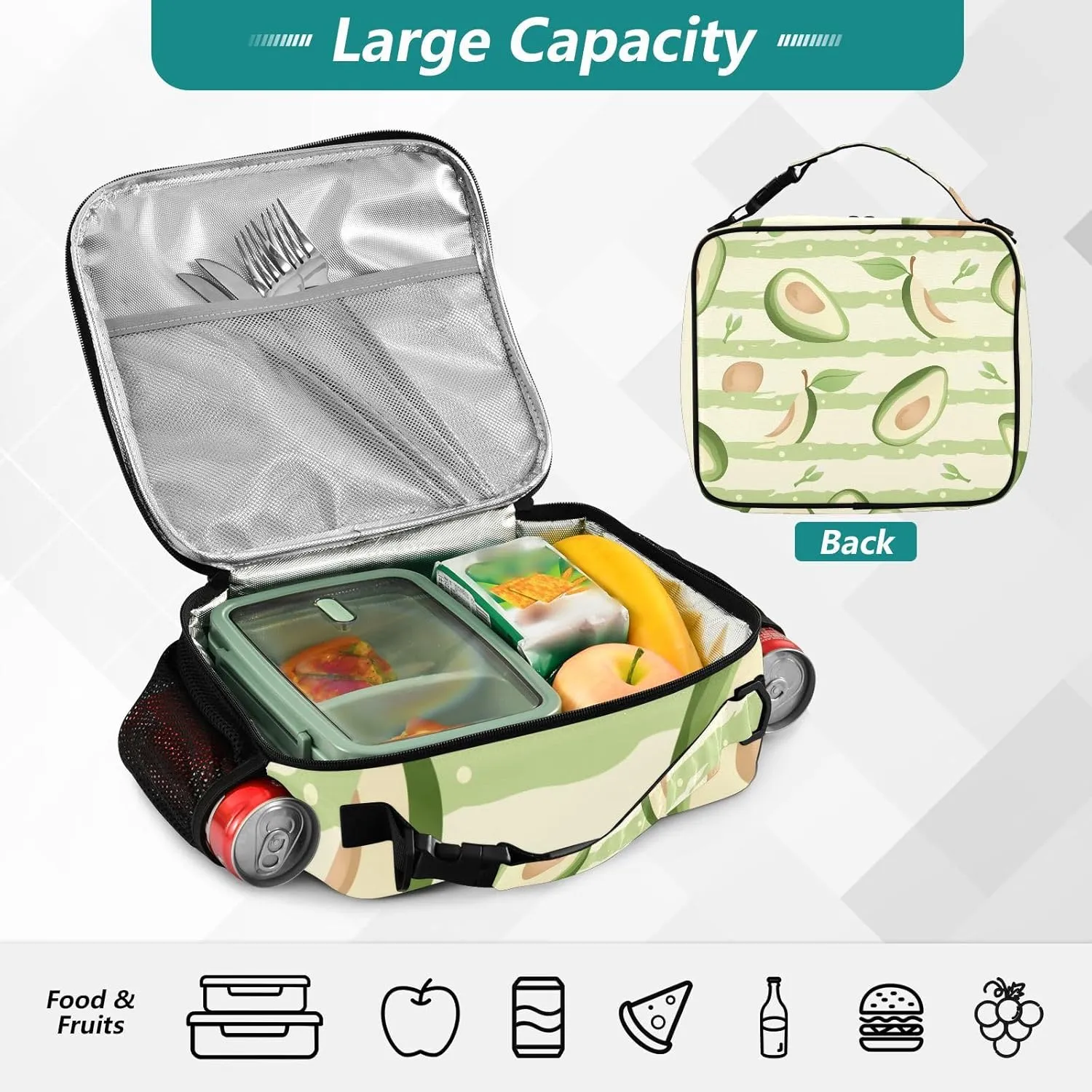 Lunch Bag Lunch Box for Women Men Insulated Cooler Bag Reusable Lunch Box Tote Bag with Strap for Work Picnic Green Avocado and Stripes