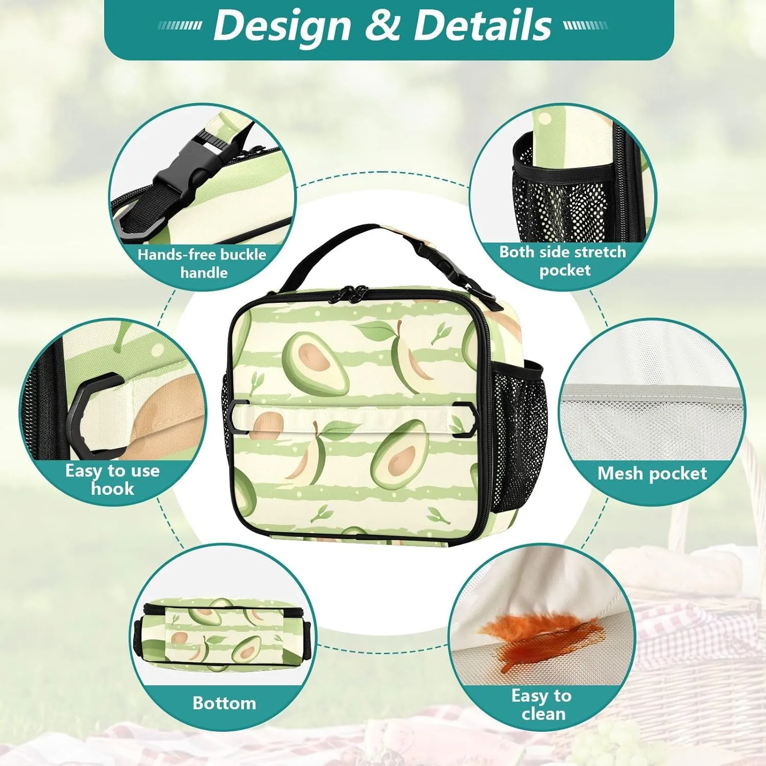 Lunch Bag Lunch Box for Women Men Insulated Cooler Bag Reusable Lunch Box Tote Bag with Strap for Work Picnic Green Avocado and Stripes