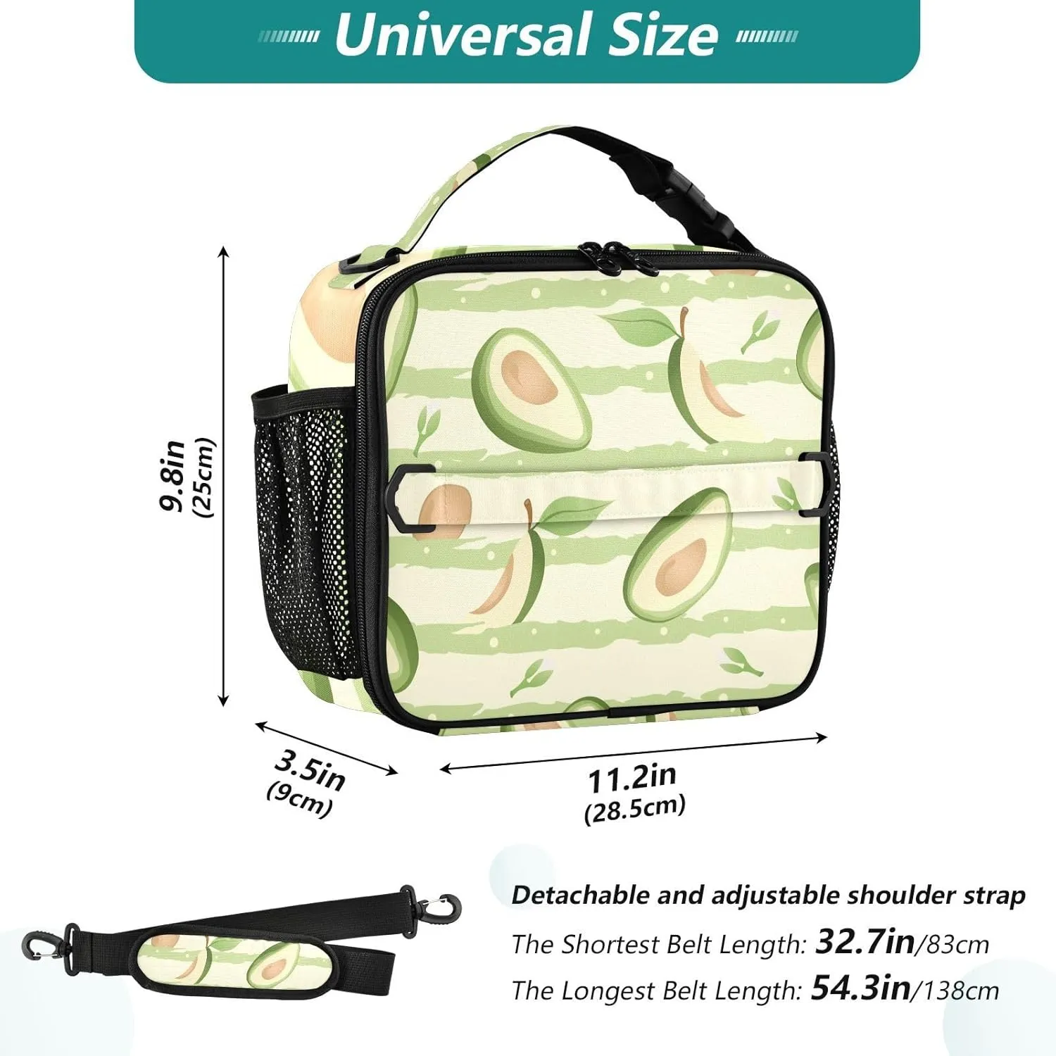 Lunch Bag Lunch Box for Women Men Insulated Cooler Bag Reusable Lunch Box Tote Bag with Strap for Work Picnic Green Avocado and Stripes