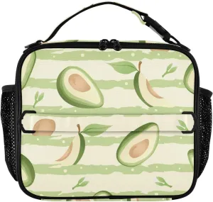 Lunch Bag Lunch Box for Women Men Insulated Cooler Bag Reusable Lunch Box Tote Bag with Strap for Work Picnic Green Avocado and Stripes