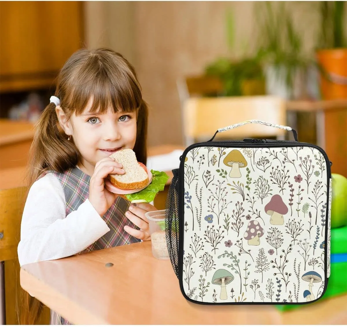Lunch Box, Mushroom Forest Floral Leaves Prep Kids Cooler Insulated Lunch Bag Tote Freezable Shoulder Strap Waterproof Picnic Meal for School Office