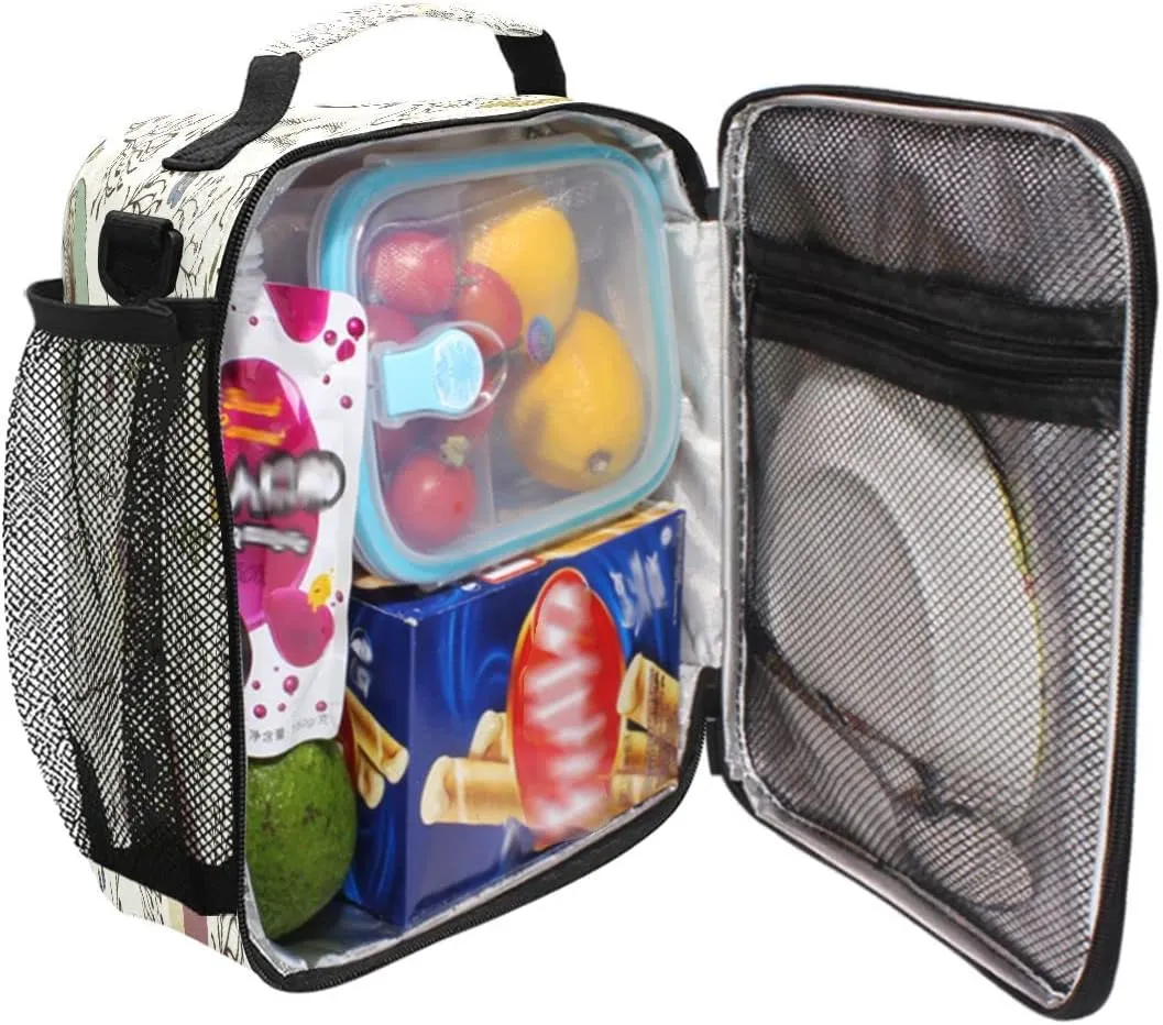 Lunch Box, Mushroom Forest Floral Leaves Prep Kids Cooler Insulated Lunch Bag Tote Freezable Shoulder Strap Waterproof Picnic Meal for School Office