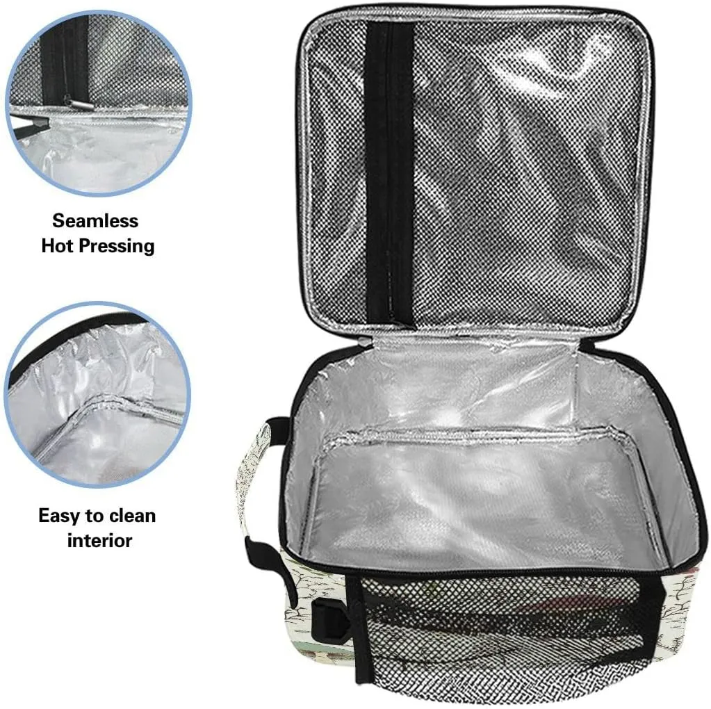 Lunch Box, Mushroom Forest Floral Leaves Prep Kids Cooler Insulated Lunch Bag Tote Freezable Shoulder Strap Waterproof Picnic Meal for School Office