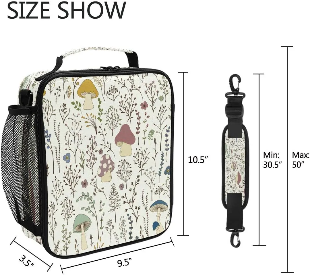 Lunch Box, Mushroom Forest Floral Leaves Prep Kids Cooler Insulated Lunch Bag Tote Freezable Shoulder Strap Waterproof Picnic Meal for School Office