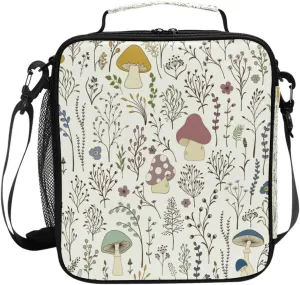 Lunch Box, Mushroom Forest Floral Leaves Prep Kids Cooler Insulated Lunch Bag Tote Freezable Shoulder Strap Waterproof Picnic Meal for School Office